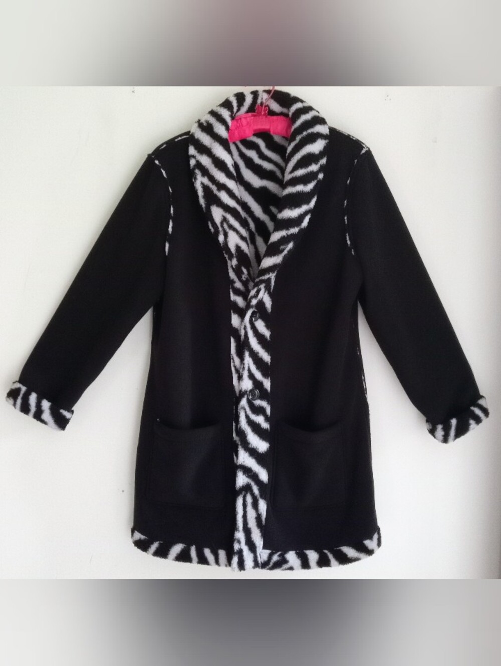 Reversible Black Faux-Fur Trim Zebra Coat